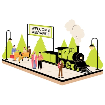 A vintage train station platform with worn wooden benches and intricate iron details. The platform is lined with old-fashioned lampposts casting soft light. Above the platform, there is a large "Welcome Aboard!" sign in bold, charming letters. A classic steam train with a shiny black engine is waiting on the tracks, with billowing white steam rising from its stack. Passengers in period clothing are gathered around, some holding suitcases. There are lush green trees in the background, adding a touch of nature to the scene.