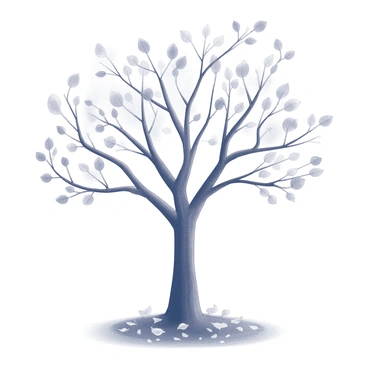 A tree with a sturdy trunk and numerous branches is depicted. The branches extend outward, adorned with leaves in various shapes and sizes. Some leaves are shown in the process of gently falling to the ground, while others are still attached to the branches. The ground is covered with a layer of fallen leaves, creating a textured surface. The scene captures the transition of the tree from full foliage to the gradual shedding of leaves.