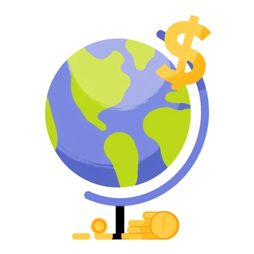 A blue and green globe with detailed continents and oceans. A large golden dollar sign is orbiting around the globe, illustrated with a shiny effect to emphasize its importance. Small coins are scattered around the base of the globe, symbolizing savings. The background is bright, enhancing the focus on the globe and dollar sign.