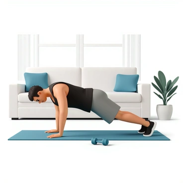 A person, wearing a black tank top and gray shorts, is performing pike push-ups on a blue yoga mat. They have an athletic build and are focused on their exercise. The living room is well-lit, with a couch in the background and a large window letting in natural light. Small hand weights are placed on the floor beside the mat. A potted plant is visible in the corner, adding a touch of greenery to the space. The overall atmosphere is energetic and active.
