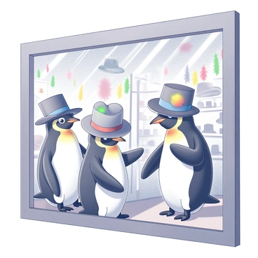 A penguin named "Feathers McGraw" is trying on an assortment of fancy hats inside a quirky hat shop. Each hat varies in shape and style, such as a top hat, a wide-brimmed sun hat, and a colorful fedora. The shop is filled with mirrors reflecting Feathers from multiple angles, showcasing the hats he is trying on. The decor in the shop is playful, featuring whimsical patterns and accessories like feather boas and colorful ribbons hanging from the ceiling. There are hats displayed on shelves, and the ambiance conveys a sense of fun and creativity.