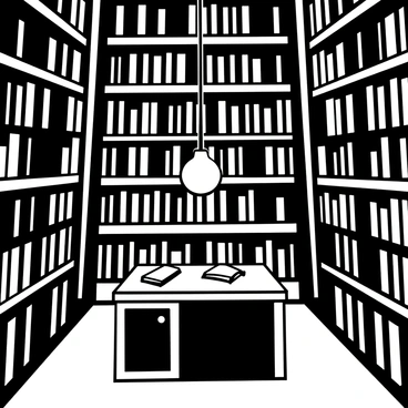 A library with towering shelves filled with books, creating an imposing atmosphere. The shelves stretch upwards, lined with various volumes and titles. In the center, there is a wooden reading desk, its surface scattered with open books and a quill. A single, warm light hangs above the desk, casting soft shadows and creating an area of focus amidst the surrounding darkness of the library. The floor is made of polished wood, and the faint outline of ornate architectural details can be seen along the walls.