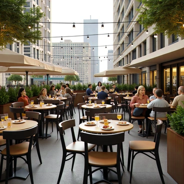 A cozy café terrace near Rockefeller Center, filled with round tables and chairs, has people dining al fresco. Each table is set with plates of delicious meals, including pasta dishes and salads. Customers are chatting and laughing, some raising glasses for a toast. The café has an inviting atmosphere with potted plants and warm lighting strung overhead. In the background, the iconic buildings of Rockefeller Center are visible, creating a vibrant urban scene.