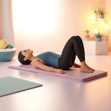A person, wearing a dark blue tank top and black leggings, is lying on their back on a soft exercise mat, performing glute bridges. The person's feet are planted flat on the mat, while their hips are lifted high towards the ceiling. The room is filled with warm, soft lighting, creating a cozy atmosphere. In the background, there are potted plants on a small table, a mat on the floor, and a few candles flickering gently on a nearby shelf.
