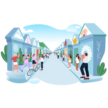 A long street in Penang is lined with colorful murals covering the walls of the buildings. The murals depict various whimsical scenes, including playful animals, intricate mandalas, and fantastical landscapes. The street is bustling with people admiring the artwork, some taking photographs. The surroundings are filled with potted plants and bicycles parked along the side, adding life to the scene. A clear blue sky provides a bright backdrop for the vivid colors of the murals.