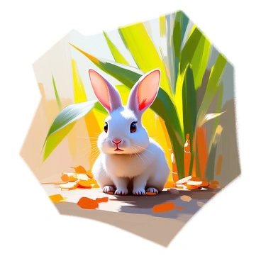 A small rabbit with light gray fur and big ears is nestled among tall green corn stalks. The rabbit's eyes are wide and alert, peering out cautiously. The corn stalks tower above it, their leaves rustling gently in the breeze. The ground is scattered with fallen cornstalk leaves and patches of soft earth, creating a natural hiding spot for the rabbit. Sunlight filters through the leaves, casting dappled shadows on the rabbit’s fur and the surrounding area.