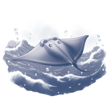 A manta ray glides gracefully beneath the surface of a tumultuous sea. The water is choppy, with waves rising and falling violently above. The ray's wings are extended wide, showcasing its elegant form as it navigates through the swirling currents. Bubbles trail behind it, creating a dynamic movement in the water. The dark, turbulent surface contrasts with the manta ray's sleek body as it moves effortlessly in search of food.