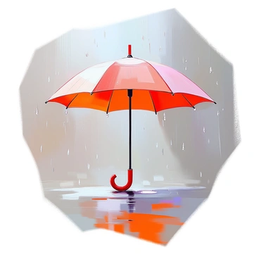 A single umbrella, brightly colored in red and adorned with a classic design, is positioned in the center of the image. Raindrops are falling in a rhythmic pattern, creating a delicate dance as they hit the fabric of the umbrella. The surface of the umbrella is slightly glossy, reflecting the droplets as they land. Surrounding the umbrella is a faint outline of a muted, rainy backdrop, enhancing the focus on the umbrella and the falling rain. Each raindrop is distinct, capturing the moment of impact and the subtle splashes that result.