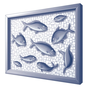 A mosaic artwork featuring an array of fish. The design includes different fish species, each crafted from a variety of tiles arranged in intricate patterns. The fish display unique shapes and sizes, with some swimming together, creating a sense of movement. The mosaic is framed, highlighting the details of the tiles and the overall composition.