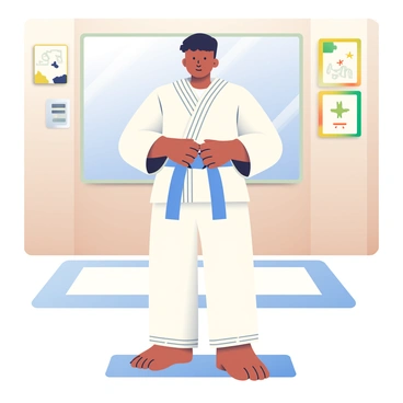 A jiu-jitsu practitioner with short black hair is standing in a dojo, carefully tying the belt of their white gi. The gi is well-fitted and pristine, showing signs of recent practice with the fabric slightly rumpled. The practitioner has a focused expression on their face as they concentrate on the belt knot, which is neatly arranged around their waist. Behind them, there are wooden dojo walls adorned with martial arts plaques and a large mirror reflecting their stance. A soft mat covers the floor, providing a safe area for practice. The atmosphere is calm and focused, emphasizing the dedication to the art of jiu-jitsu.