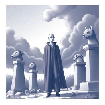 A figure resembling "Nosferatu" stands amidst a garden filled with stone gargoyles. The character has elongated features, sharp fangs, and a dark cloak that flows around him. The gargoyles are positioned at varying heights, displaying a range of expressions from menacing to watchful. The sky above is filled with tumultuous clouds, suggesting an impending storm, with dark, swirling formations that create a dramatic atmosphere. The ground is uneven and scattered with stones, enhancing the eerie setting.
