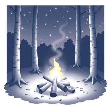 A small campfire is situated in a forest clearing, surrounded by tall trees with rough bark. The flames of the fire are dancing and crackling, sending wisps of smoke curling up into the night air. The ground is covered in soft grass and scattered leaves, while the light from the fire creates flickering shadows on the nearby trunks. Above, a starry night sky is visible, with numerous bright stars twinkling against the dark backdrop. Small clusters of stars form constellations, adding a sense of depth to the scene.