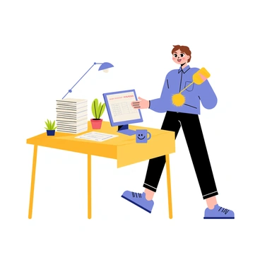 An office worker dusting a desk full of papers and computer monitors