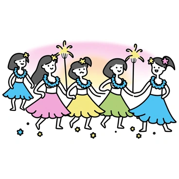 A group of four hula girls, each wearing colorful grass skirts and floral leis, are dancing together on a sandy beach. They are smiling and moving gracefully in rhythm to traditional Hawaiian music. In the background, there are palm trees swaying gently in the breeze and tiki torches flickering with flames. A vibrant sunset casts warm orange and pink hues across the sky. The ground is adorned with scattered tropical flowers, enhancing the festive atmosphere of the luau.