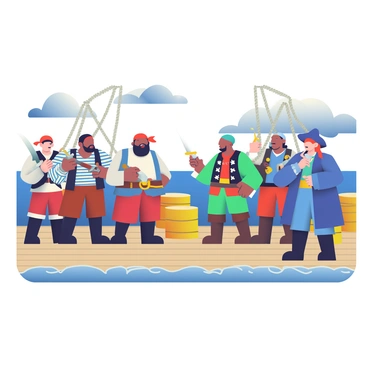 Two pirate factions are standing on a ship's deck, preparing to face off against each other. One faction, consisting of five pirates, has a tall leader with a dark beard, wearing a red bandana and a striped shirt. They are armed with cutlasses and pistols, displaying fierce expressions. The opposing faction has four pirates, with one wearing a blue coat and a wide-brimmed hat, brandishing a sword. The deck is wooden, with ropes and barrels scattered around. The sea can be seen in the background, with waves gently rocking the ship. The sky above is filled with dark clouds, hinting at an impending storm.