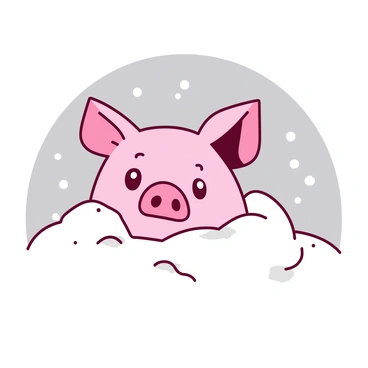 A pink pig face is peeking out from a pile of white snow, its eyes wide and curious. The pig's ears are slightly visible above the snow, dusted with a light layer of snowflakes. Around the pig, delicate snowflakes are falling gently from a gray sky, creating a soft, wintery atmosphere. The snow reflects a soft light, enhancing the contrast between the pink hue of the pig and the white surroundings.