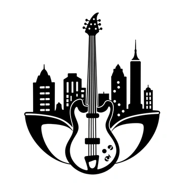 An electric guitar placed prominently in the foreground, showcasing its detailed body and strings. The guitar's neck extends upward, where a city skyline emerges, seamlessly integrated into the design. Tall buildings with various architectural styles create an intricate silhouette against the sky. The skyline features skyscrapers with antennas and a mix of modern and classic structures, all appearing in a cohesive black-and-white illustration. The overall composition conveys a strong connection between music and urban life.