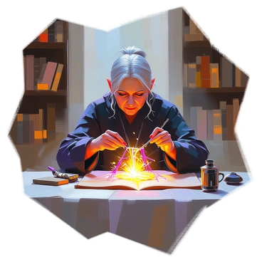 An old woman with deep lines on her face and silver hair is seated in a dimly lit room. She is focused on weaving a dark spell, her gnarled hands skillfully manipulating glowing threads of various colors. The threads emit a soft luminescence, contrasting with the shadows surrounding her. The room is filled with ancient artifacts and shelves lined with dusty books, enhancing the mystical atmosphere. The woman's eyes reflect determination as she intricately binds the threads together, creating an elaborate pattern in the air.