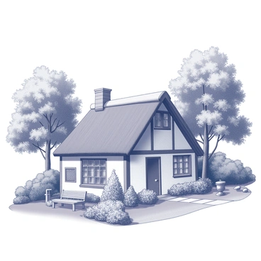 A cottage with a thatched roof and wooden beams sits nestled among lush vegetation. The garden around the cottage is filled with various plants, including neatly arranged flower beds and shrubs. A stone pathway leads from the front of the cottage through the garden, with a wooden bench positioned to invite rest. The scene conveys a sense of serenity, with tall trees providing shade and a gentle breeze rustling through the leaves. Various garden elements, such as a small birdbath and ornamental stones, enhance the peaceful atmosphere.