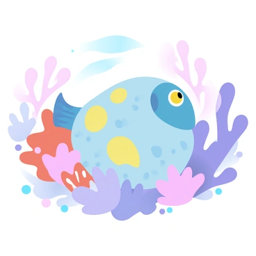 A puffer fish is resting among vibrant, multicolored coral formations. The puffer fish has a rounded, textured body with various shades of blue and yellow. Surrounding the fish, the coral exhibits a range of colors including pink, orange, and purple, creating a lively underwater environment. Soft light filters through the water, illuminating the scene and enhancing the colors of the coral and the fish. Various small aquatic plants gently sway in the current nearby.