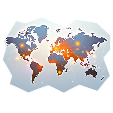 A world map is displayed, featuring intricate lines that connect various regions across the globe. These lines represent global trade networks, weaving through continents and oceans. At numerous junctions along these lines, glowing nodes are positioned, each radiating light, signifying key trade hubs. The continents are outlined clearly, with geographic features subtly highlighted, and the background remains a soft gradient that enhances the visibility of the connections and nodes. The overall composition conveys a sense of dynamic interconnectivity among countries and economies.