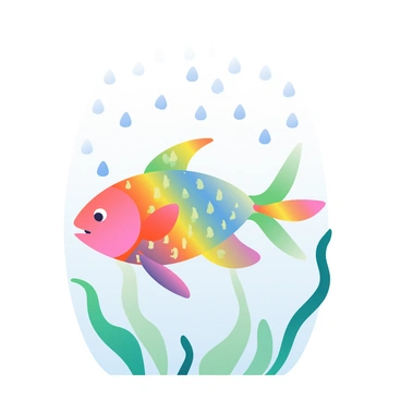 A vibrant rainbow fish with shimmering scales is swimming gracefully underwater. The fish displays a spectrum of colors including red, blue, green, and yellow as it navigates through the water. Above, a gentle rain shower is falling, with soft droplets creating a misty atmosphere. Each raindrop impacts the surface, resulting in a series of colorful ripples that radiate outward from where they land. The background features hints of green aquatic plants swaying with the flow of water, complementing the lively scene.