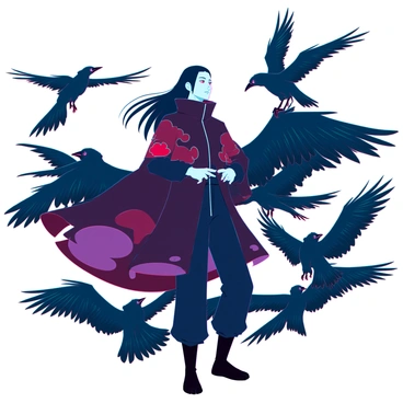Itachi Uchiha, a young man with pale skin and long black hair, is standing confidently. He is wearing a dark cloak with red clouds, which billows slightly as if caught in a gentle breeze. Surrounding him is a chaotic flock of black crows, their wings spread wide, creating a striking contrast against the backdrop. One crow is distinctly perched on his shoulder, looking directly at him, emphasizing his deep connection to these birds. The crows have sharp, intelligent eyes, and their feathers glisten with hints of iridescent blue in the light. The scene conveys a sense of mystery and power through the dynamic interaction between Itachi and the crows.
