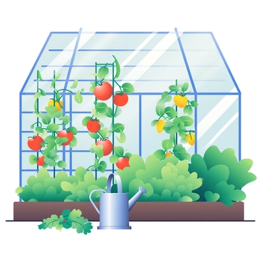 A greenhouse filled with a variety of lush green plants and vegetables is seen in the image. There are tall tomato plants with bright red tomatoes hanging, and leafy lettuce growing in neat rows. A trellis supports climbing green beans, and vibrant yellow peppers are nestled among the leaves. Sunlight filters through the glass panels of the greenhouse, casting gentle shadows on the ground. In the foreground, a watering can made of galvanized metal sits next to a patch of fresh herbs, including basil and cilantro. The air appears to be filled with the rich scent of earth and greenery.