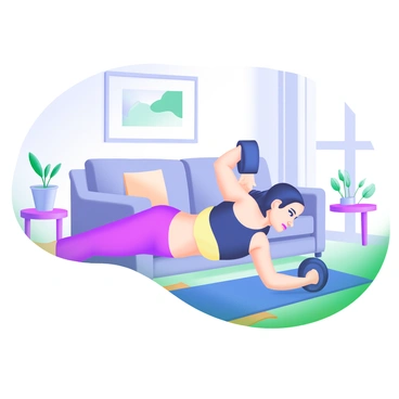A person performing "renegade rows" on a yoga mat in a cozy living room. The individual is in a push-up position with one hand gripping a dumbbell while the other arm is raised with a dumbbell, showcasing focus and strength. The living room features a comfortable sofa in the background, a small coffee table with a plant, and soft lighting coming from a nearby window. A rug is laid on the floor, and a framed picture hangs on the wall, adding a personal touch to the space.