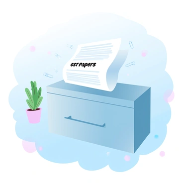 A stack of documents labeled "GST Papers" is neatly placed on top of an office cabinet. The cabinet has a smooth, polished surface, and the documents are organized with a slight overlap. A few scattered paperclips are visible around the stack. Alongside the cabinet, there is a potted plant adding a touch of greenery to the office environment. The walls in the background are painted in gradient pastel colors, enhancing the overall aesthetic of the space.