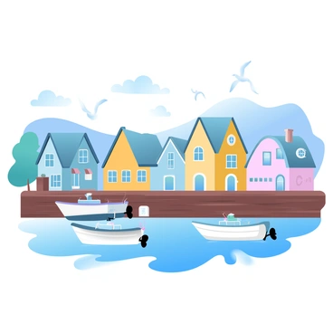 A quaint seaside town with houses in vibrant colors, such as blue, yellow, and pink, lining the narrow streets. Each house has distinct architectural features, including balconies and flower boxes. In the foreground, several boats are docked at the pier, bobbing gently in the water. The pier is made of wooden planks and extends out over the calm sea. A few seagulls are flying above, adding to the coastal atmosphere. In the background, rolling hills can be seen, adding depth to the charming landscape.