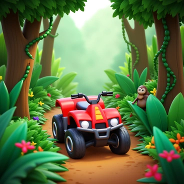 An ATV navigating through a dense rainforest. The ATV is positioned on a narrow, muddy trail surrounded by lush greenery. Vivid leaves in various shades of green and occasional bright flowers in colors like red and yellow are seen in the foreground. In the background, towering trees with thick trunks and intertwining vines create a sense of depth. Small animals, such as colorful birds and perhaps a monkey, can be observed amidst the foliage, adding a lively element to the scene. Sunlight filters through the canopy, casting dappled light on the ATV and the vibrant vegetation.