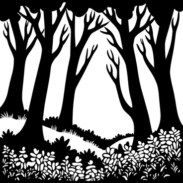 A dense forest filled with tall, gnarled trees, their twisted branches creating intricate patterns. The ground is covered with thick underbrush and ferns, adding to the woodland atmosphere. A soft mist blankets the scene, curling around the trunks of the trees and drifting silently through the foliage. The overall composition conveys a sense of isolation, with no signs of life visible, enhancing the eerie silence that envelops the forest.