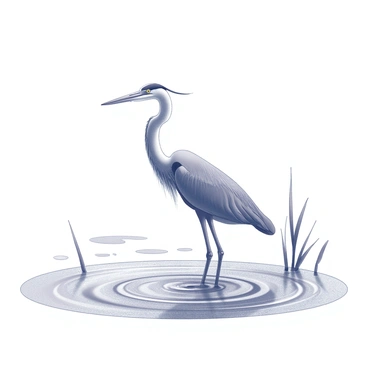 A heron standing in shallow waters, with its long legs submerged. The bird is poised in a striking position, with its neck slightly extended and its sharp beak pointed towards the water's surface. The rippling water reflects the heron’s silhouette, creating a dynamic interaction between the bird and its environment. Surrounding the heron are hints of aquatic plants and reeds gently swaying with the water's movement. In the distance, the shoreline outlines the serene landscape of Lake Como, adding to the tranquil scene.