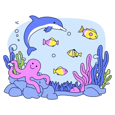 A vibrant underwater scene filled with colorful coral reefs and various aquatic plants. Several smiling fish in bright colors swim playfully among the coral. A dolphin leaps above the water, showcasing its sleek body and cheerful expression. A curious octopus with distinctive soft colors rests on a rock, its tentacles extending gracefully as it observes the surroundings. Bubbles rise gently from the ocean floor, adding to the lively atmosphere of the scene.
