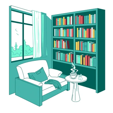 A teal library features tall wooden shelves meticulously arranged with colorful books of various sizes. Each shelf is filled to capacity, showcasing a vibrant spectrum of book covers. A white reading nook is positioned by a large window that allows soft light to filter in, illuminating the space. The nook is adorned with plush cushions and a soft throw blanket, inviting readers to relax and immerse themselves in a good book. A small, round white table sits nearby, holding a steaming cup of tea and a pair of glasses, completing the cozy atmosphere.