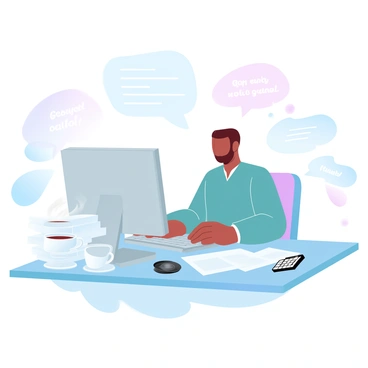 An accountant is sitting at a desk, focused on typing on a computer. There are stacks of papers scattered around the desk, some arranged neatly while others are in disarray. A steaming cup of coffee is placed to one side of the computer, with a small saucer underneath it. The room has a gradient of pastel colors, adding a soft ambiance to the scene. A calculator is positioned alongside the papers, and motivational quotes are displayed on the walls.