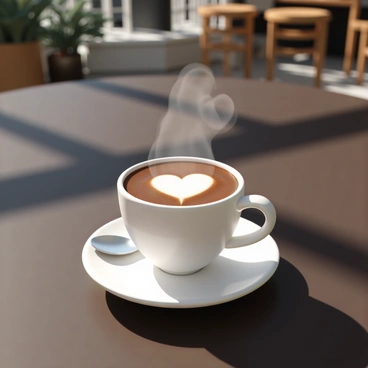 A steaming cup of coffee, made of white ceramic, sits on a dark wooden table. The coffee is rich and dark, with a heart-shaped foam design perfectly crafted on top. The steam rises gently from the cup, creating a warm and inviting atmosphere. A small silver spoon is placed next to the cup, and the sunlight casts soft shadows across the table surface. In the background, there are hints of a cozy café setting with blurred outlines of plants and wooden furniture.