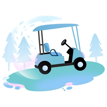 A golf cart is driving through a rain-soaked golf course. The cart has a large umbrella attached to its roof, providing shelter from the downpour. Water droplets are visibly splashing on the ground as the cart moves, creating small puddles. The grass on the course appears lush and vibrant from the rain, with darker patches indicating wet areas. In the background, blurred trees stand tall, their colors muted by the rain. 