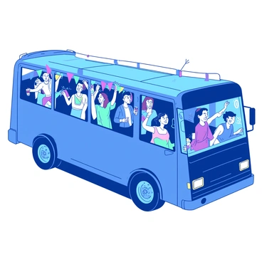 A blue party bus is filled with a diverse group of people dancing and enjoying themselves. The interior of the bus is adorned with colorful streamers hanging from the ceiling, and bright lights illuminate the space, creating a festive atmosphere. Some people are holding drinks, while others are laughing and taking photos with their phones. The windows of the bus are slightly fogged, suggesting a lively environment outside. The scene captures the excitement and energy of a joyful celebration.