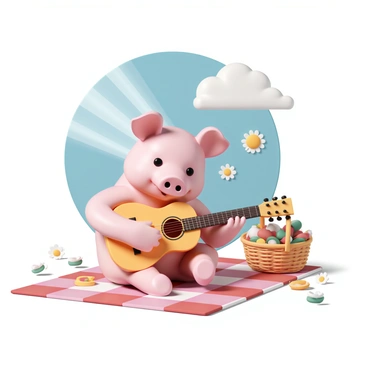 A pink pig, with a shiny, smooth snout, is sitting on a vibrant red and white checkered picnic blanket. The pig is strumming a small acoustic guitar, holding it expertly with its trotter. Rays of sunlight shine down, highlighting the pig's content expression as it enjoys the music. Surrounding the picnic blanket are colorful picnic items, including a woven basket filled with fruits and sandwiches, and a few scattered daisies adding a touch of cheer to the scene. In the background, a clear blue sky and a few fluffy white clouds complete the sunny afternoon setting.