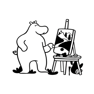 A hippopotamus standing beside an easel, holding a paintbrush in one hand. The easel displays a vibrant landscape painting featuring rolling hills, trees, and a river. The hippopotamus appears focused on its artwork, with paint splatters on its body. A palette filled with various paint colors rests on a small table next to the easel. The setting includes a grassy area and a few scattered art supplies on the ground.