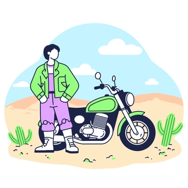 A lone rider is standing beside a motorcycle in the desert. The rider is wearing dusty motorcycle boots and a rugged leather jacket. The motorcycle has a matte finish and is positioned on a sandy terrain. In the background, there are distant dunes and a clear blue sky. The sun casts long shadows on the ground, emphasizing the heat of the environment. A few cacti can be seen scattered in the vicinity, adding to the arid scenery. The rider looks contemplative, gazing towards the horizon.