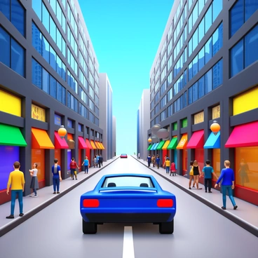 A sleek car driving away, leaving a trail of dust on a bustling urban street. The street is lined with tall buildings, showcasing large glass windows reflecting the cityscape. Pedestrians are walking along the sidewalks, some carrying shopping bags, while others are engaged in conversation. Colorful storefronts with vivid signage occupy the ground level of the buildings. Traffic lights and road signs are visible, adding to the urban environment. The sky above is bright blue, contrasting with the dynamic city life below.