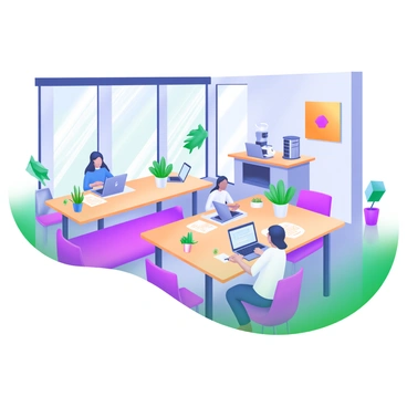 A bright modern coworking space featuring large communal tables made of light wood, with several people engaged in work. Each table is occupied by individuals using laptops, writing notes, and collaborating in small groups. The space is filled with large windows allowing natural light to flood in, highlighting the vibrant colors of plants positioned around the room. Colorful artwork adorns the walls, and there are comfortable chairs scattered throughout the area. In one corner, a coffee station offers refreshments, adding to the inviting atmosphere.