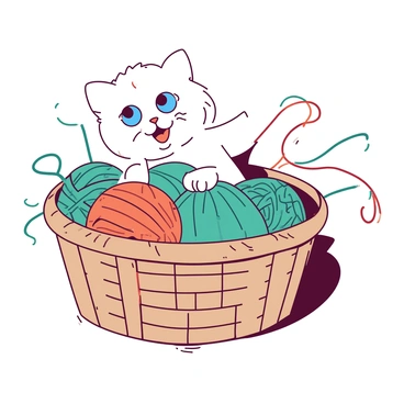 A white ragdoll cat with striking blue eyes is entangled in a basket filled with various colorful balls of yarn. The cat is playfully pawing at the vibrant threads, with some strands extending out of the basket. The yarn includes shades of teal and orange, creating a lively scene. The basket is woven and sits on a soft surface, while the cat appears amused by its playful predicament.