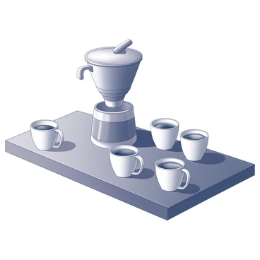 A portafilter is positioned prominently on a wooden table. It is accompanied by several ceramic coffee cups arranged in a semi-circle, each cup containing a small amount of coffee for tasting. The cups are simple in design, with smooth surfaces and slightly curved edges. The portafilter has a shiny metal finish, with a handle and a basket visible. The scene conveys a sense of preparation for a tasting session, with the rich textures of the table and the polished surfaces of the portafilter and cups creating a focused atmosphere.