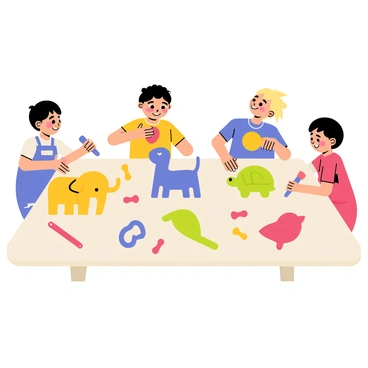 A table covered with various colors of play dough, including bright red, blue, yellow, and green. Several children are engaged in shaping animals from the play dough. One child is molding a yellow elephant with big floppy ears, while another is rolling out a blue dog with a wagging tail. A third child is creating a green turtle with a smooth shell, and a fourth is sculpting a red bird with a round body. Each child is focused and smiling, showcasing their unique creations. Scattered around the table are various tools like rolling pins and cookie cutters, adding to the scene of playful creativity.