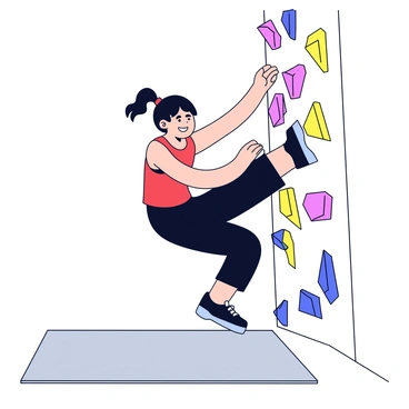A strong female climber with a focused expression is skillfully navigating a steep climbing wall. She has short, dark hair tied back and is wearing a bright red tank top paired with black climbing pants. Her hands grip various colorful holds securely as she stretches one leg upward for better reach. The climbing wall features a mix of textured surfaces and large, brightly colored handholds. In the background, there is a soft gray mat for safety at the base of the wall.