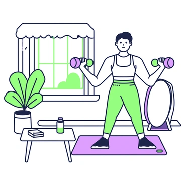 A person is performing lateral raises in their living room. They are standing on a yoga mat that is placed on a wooden floor. The individual has a focused expression while lifting light dumbbells in both hands to the side. The living room has a large window letting in natural light, and a plant is visible in the corner. There is a small coffee table in front with a water bottle resting on it, and a wall-mounted mirror reflecting the person’s form.